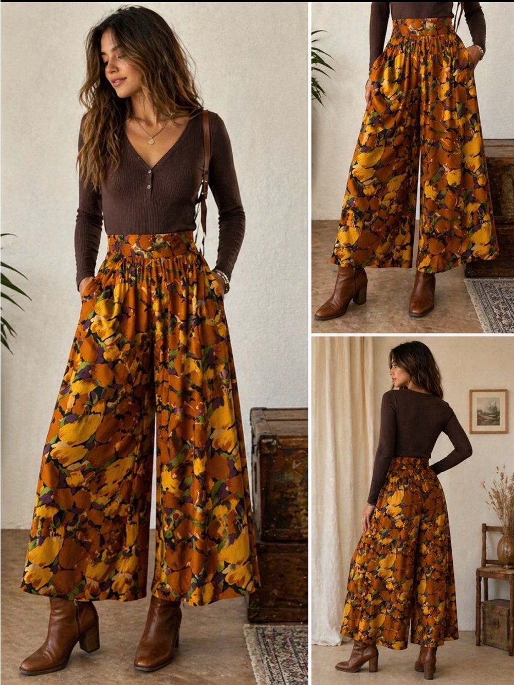 Vintage Langtry 70s Floral Wide Leg Palazzo Pants Boho Autumn Retro